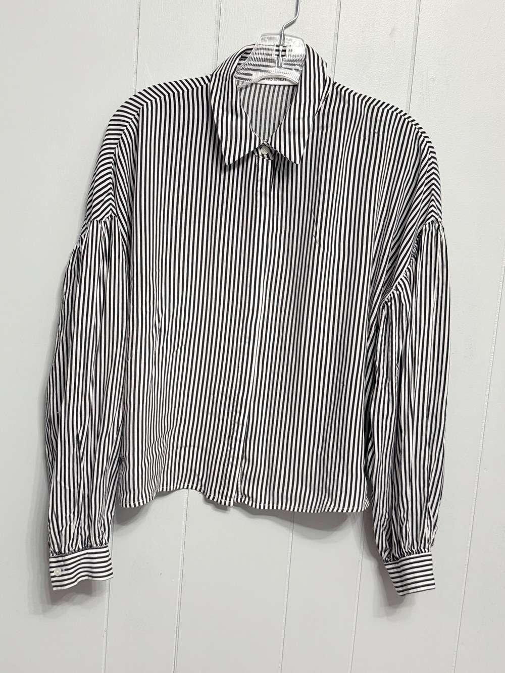 #16)  Oxford Sunday Black and White Striped Button-Down Blouse with Cropped hem